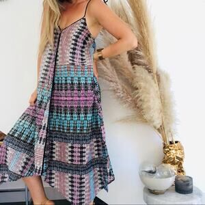 ANTHROPOLOGIE AKEMI KIM Navy Blue Purple Handkerchief Tank Tie Midi Dress XS